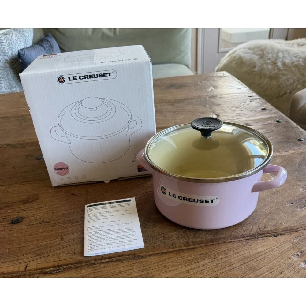 Le Creuset Enamel on Steel Stockpot with glass lid 8 in 3 7/8 qt Satin Pink NEW